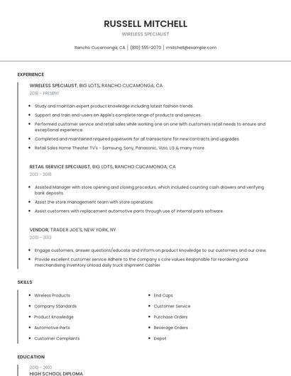 Wireless Specialist Resume