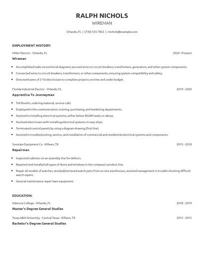Wireman Resume