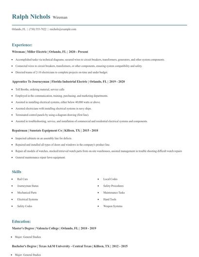 Wireman Resume