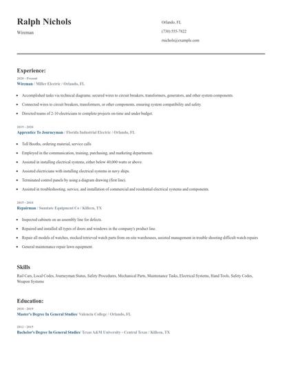 Wireman Resume
