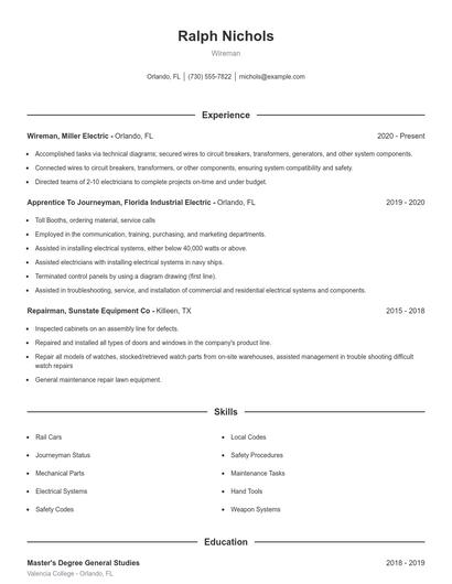 Wireman Resume