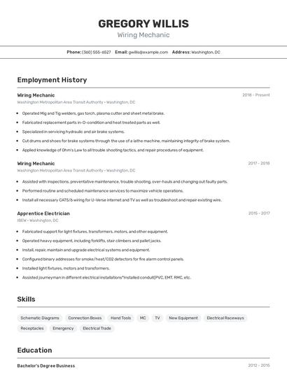 Wiring Mechanic Resume