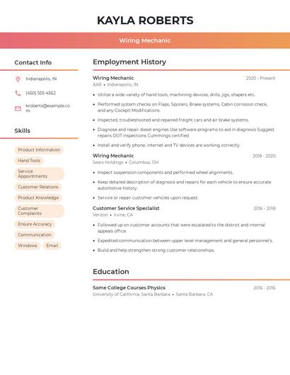 Wiring Mechanic Resume