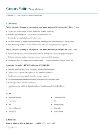 Wiring Mechanic Resume