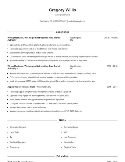 Wiring Mechanic Resume
