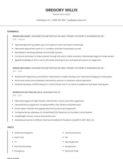 Wiring Mechanic Resume