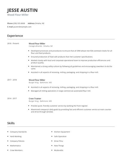 Wood Flour Miller Resume