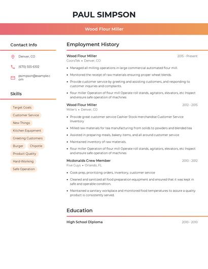Wood Flour Miller Resume