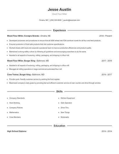 Wood Flour Miller Resume