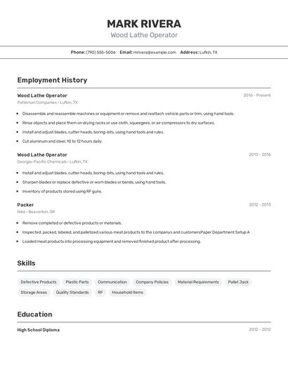 Wood Lathe Operator Resume