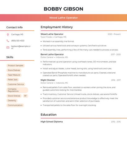 Wood Lathe Operator Resume