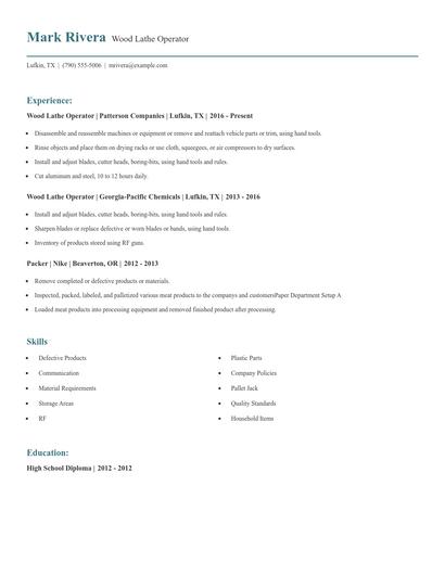 Wood Lathe Operator Resume