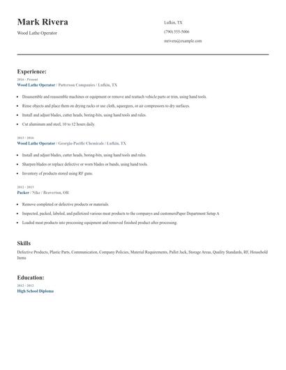 Wood Lathe Operator Resume