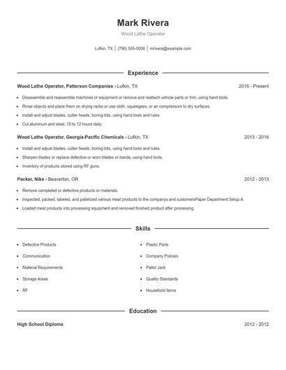 Wood Lathe Operator Resume