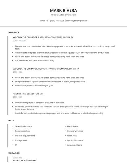 Wood Lathe Operator Resume