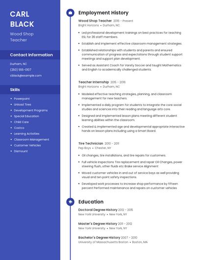 Wood Shop Teacher Resume
