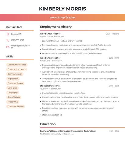 Wood Shop Teacher Resume