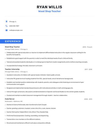 Wood Shop Teacher Resume