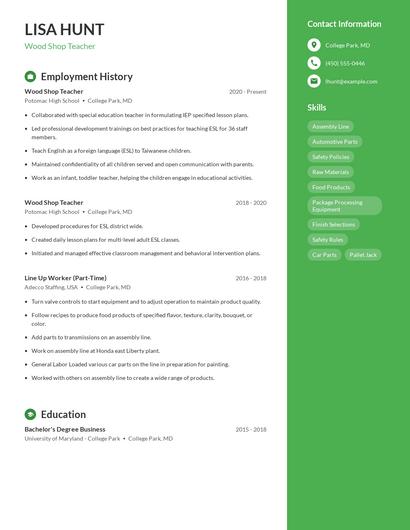 Wood Shop Teacher Resume
