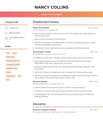 Wood Technologist Resume