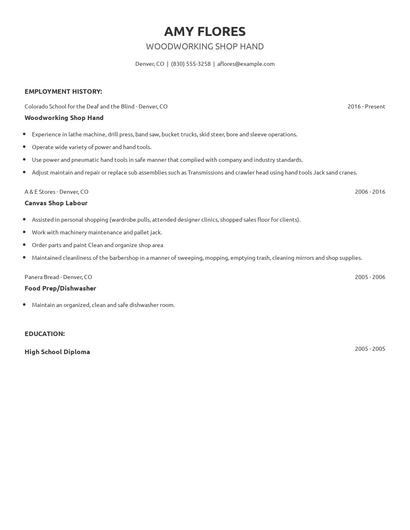 Woodworking Shop Hand Resume