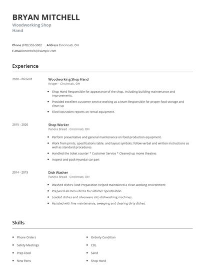 Woodworking Shop Hand Resume