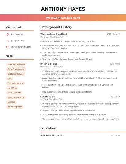 Woodworking Shop Hand Resume