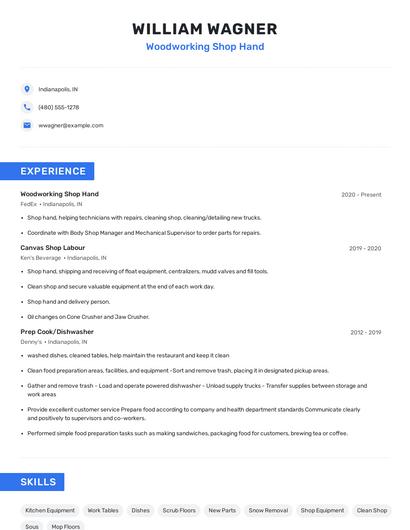 Woodworking Shop Hand Resume