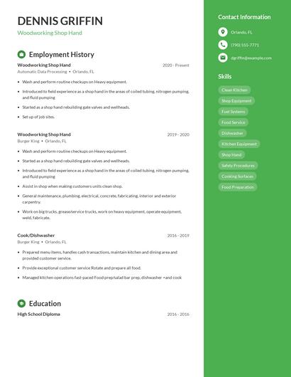 Woodworking Shop Hand Resume
