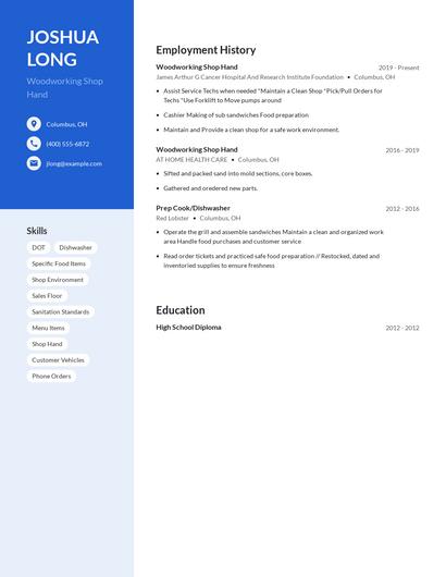 Woodworking Shop Hand Resume