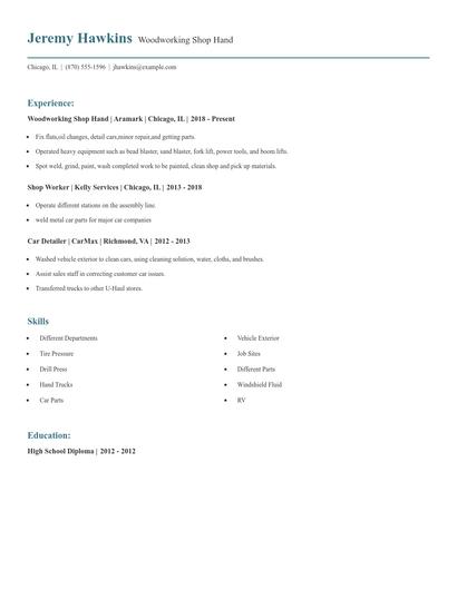 Woodworking Shop Hand Resume