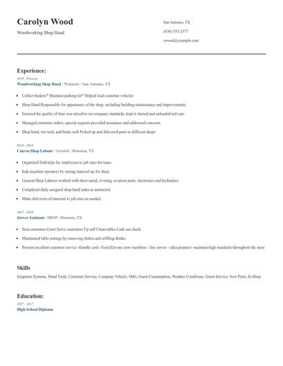 Woodworking Shop Hand Resume