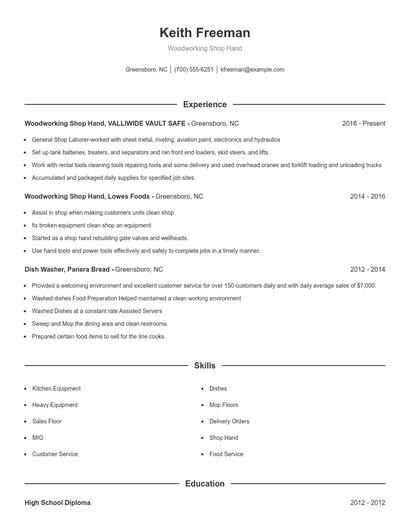 Woodworking Shop Hand Resume