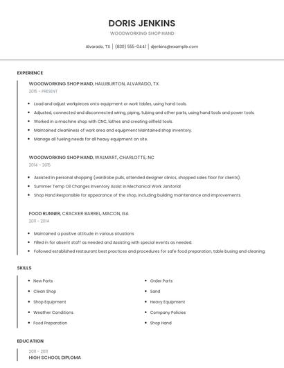 Woodworking Shop Hand Resume