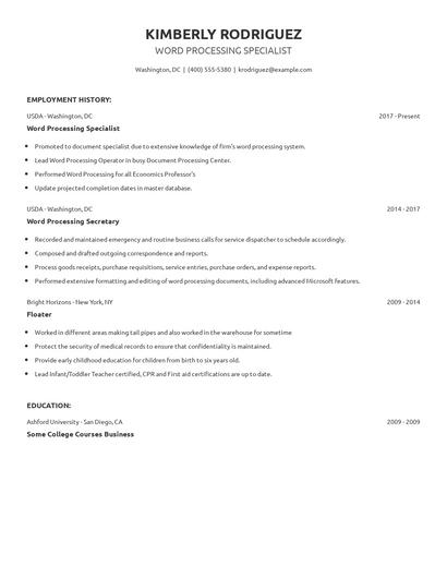 Word Processing Specialist Resume