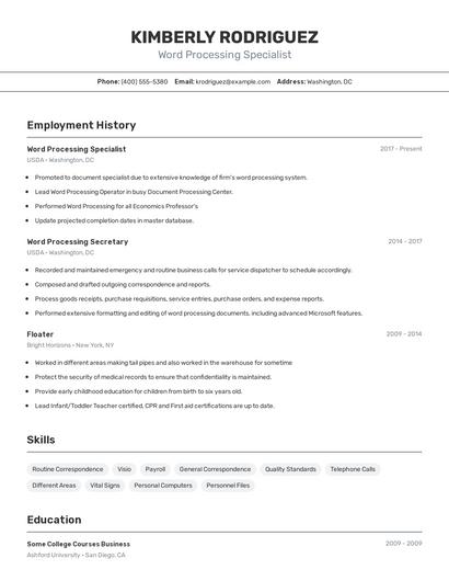 Word Processing Specialist Resume