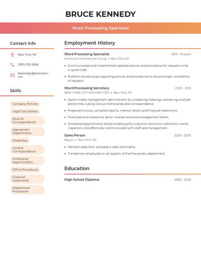 Word Processing Specialist Resume