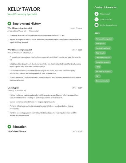 Word Processing Specialist Resume