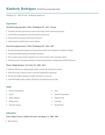 Word Processing Specialist Resume