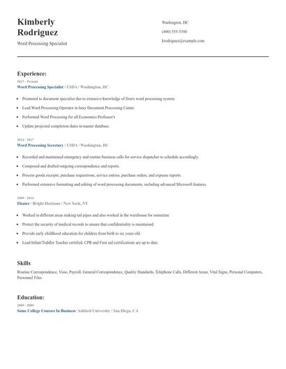 Word Processing Specialist Resume
