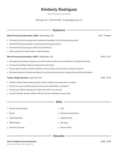 Word Processing Specialist Resume