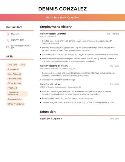 Word Processor Operator Resume
