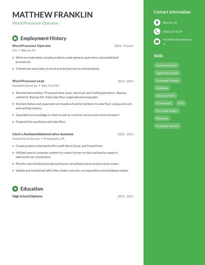 Word Processor Operator Resume