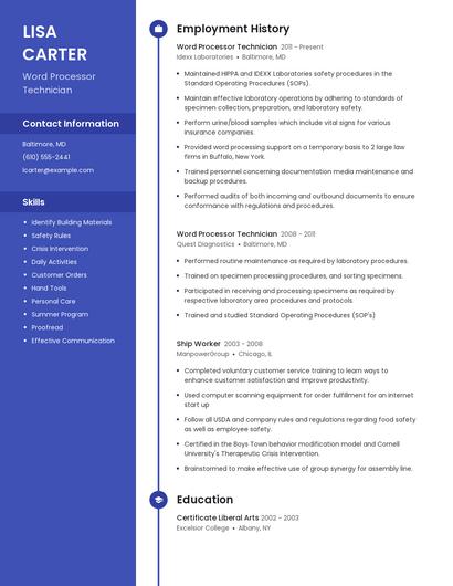 Word Processor Technician Resume