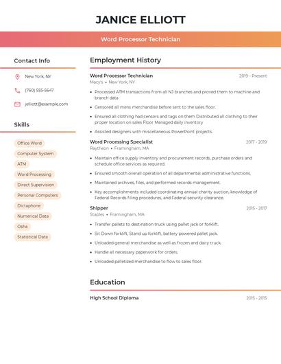 Word Processor Technician Resume