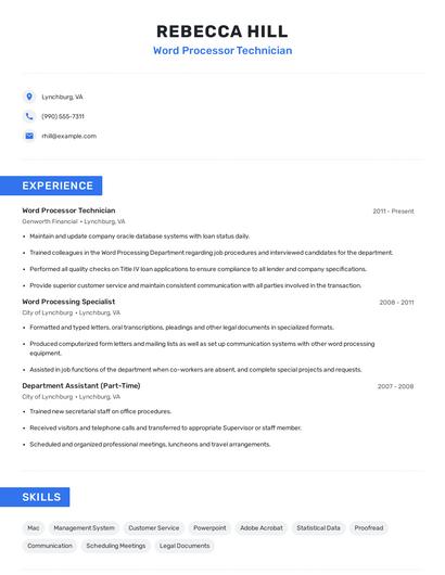 Word Processor Technician Resume