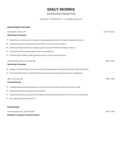 Workshop Presenter Resume