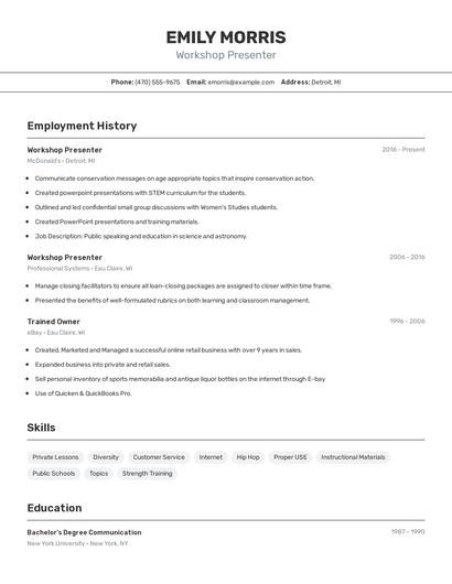 Workshop Presenter Resume