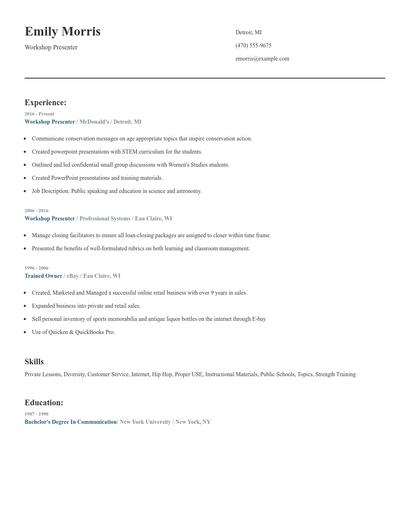 Workshop Presenter Resume
