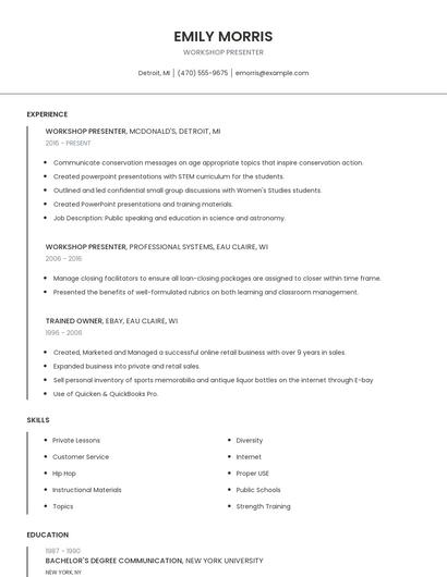 Workshop Presenter Resume